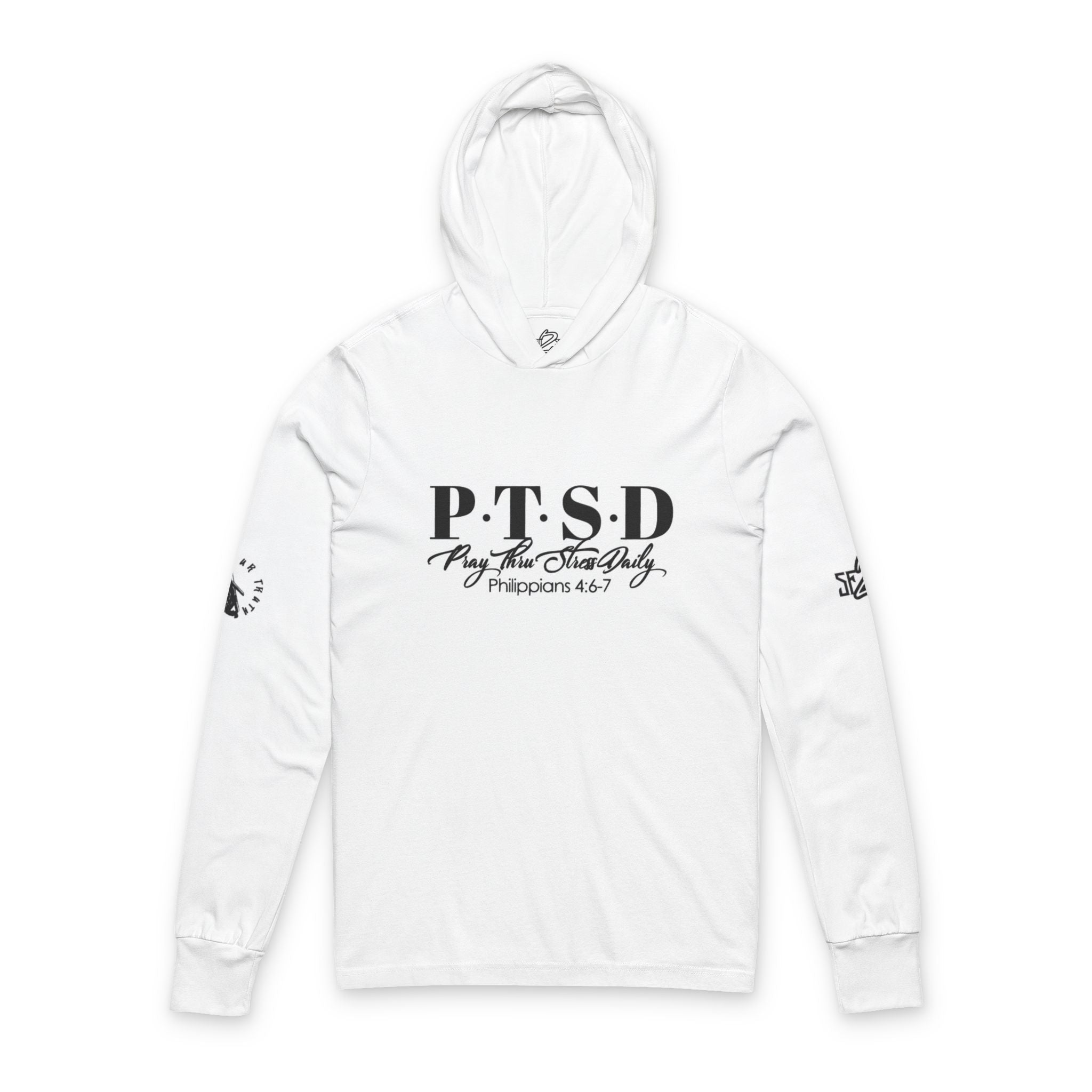 PTSD Pray Thru Stress Dailylong sleeve hooded tee | Scripture Philippians 4:7