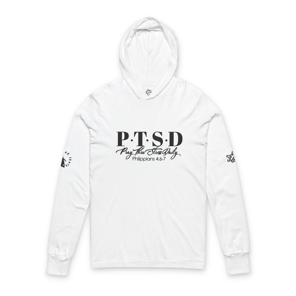 PTSD Pray Thru Stay Holy long sleeve hooded tee | Scripture Philippians 4:7